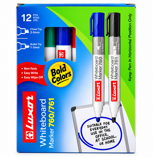 Luxor Jumbo Whiteboard Markers 760/761 – 12 Pack Assorted Colours | 5 Black, 4 Blue, 2 Red, 1 Green | Art No. 3390